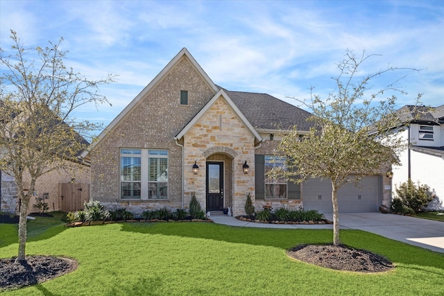 view of front of house with a garage and a front lawn