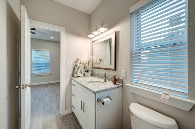 bathroom featuring hardwood / wood-style flooring, toilet, vanity, and a healthy amount of sunlight