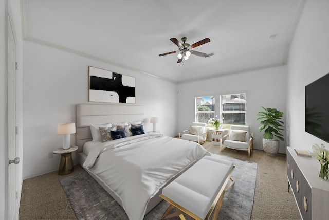 bedroom featuring ceiling fan, dark carpet, and crown molding