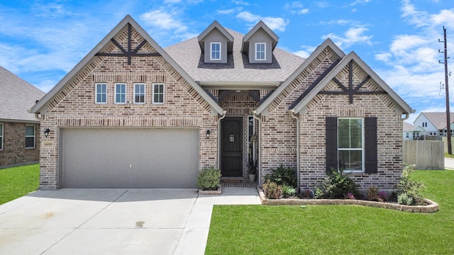 view of front of house with a front yard and a garage