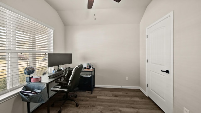 office with vaulted ceiling, ceiling fan, and dark hardwood / wood-style floors