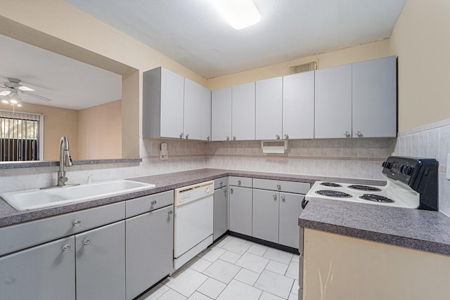 kitchen featuring range with electric stovetop, gray cabinets, ceiling fan, dishwasher, and sink