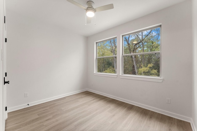 empty room with ceiling fan and light hardwood / wood-style flooring