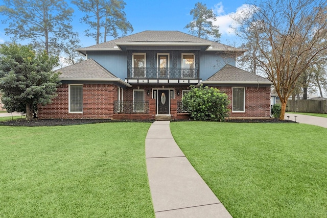 view of front of property featuring a balcony and a front yard