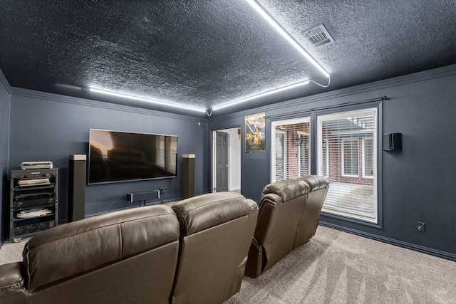 cinema room featuring crown molding, carpet, and a textured ceiling