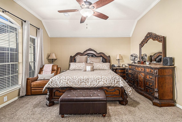 bedroom featuring ceiling fan, light colored carpet, crown molding, and vaulted ceiling