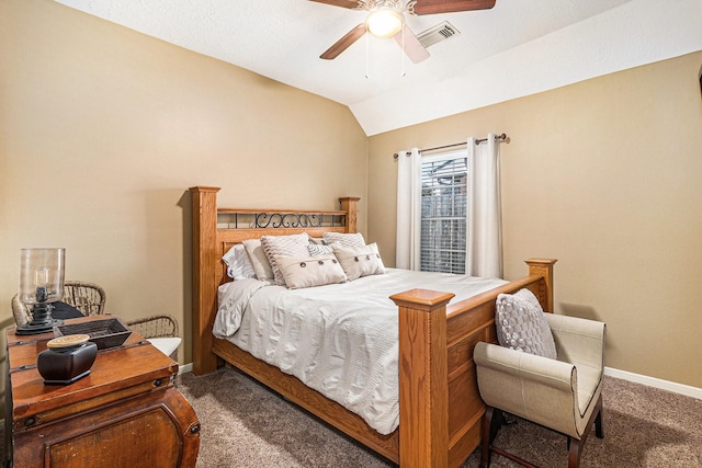 carpeted bedroom featuring ceiling fan and lofted ceiling