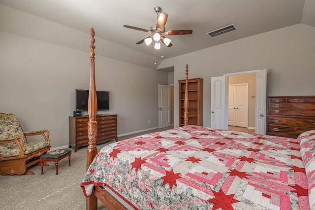 carpeted bedroom with lofted ceiling and ceiling fan