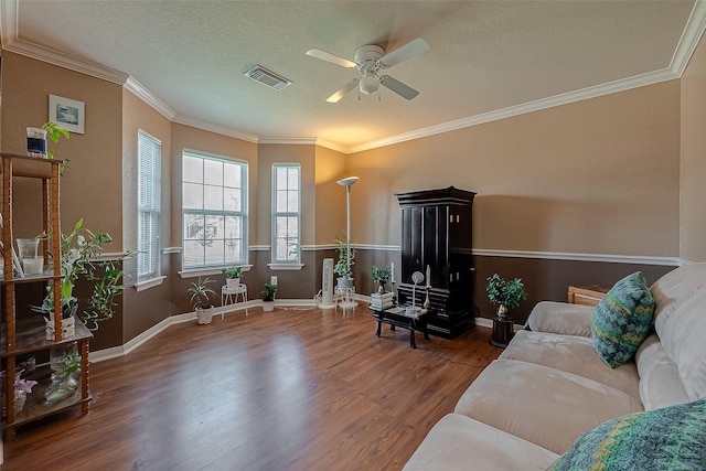 living room featuring wood-type flooring, ornamental molding, and a textured ceiling