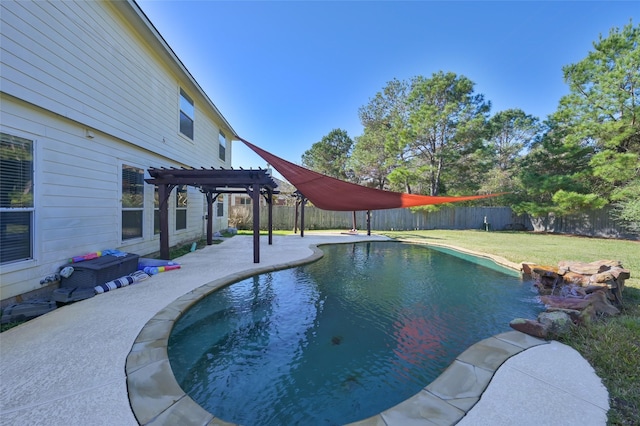 view of swimming pool featuring a patio, a lawn, and a pergola