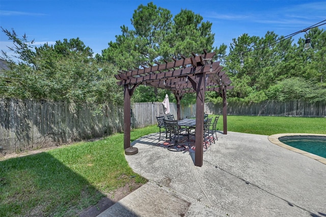 view of patio with a fenced in pool and a pergola