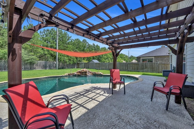 view of pool featuring a pergola, a lawn, and a patio