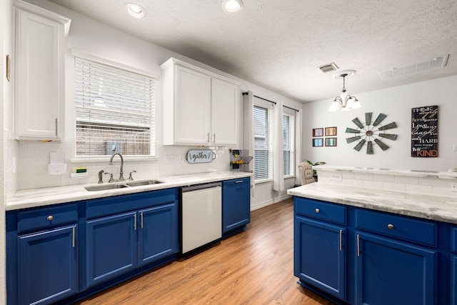 kitchen featuring sink, white cabinetry, dishwasher, and blue cabinets