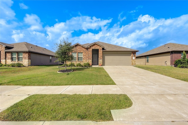 single story home featuring a front lawn and a garage