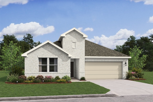 view of front of home with a garage and a front lawn