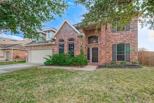 front of property with a garage and a front lawn