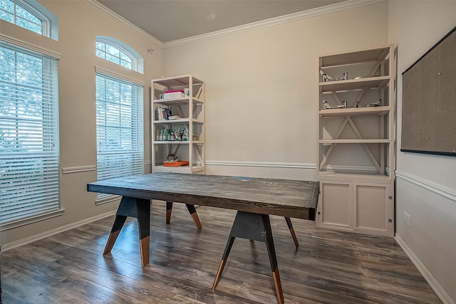 unfurnished office with dark hardwood / wood-style flooring and ornamental molding