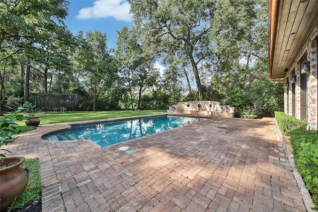 view of pool featuring a trampoline, a patio area, and a yard