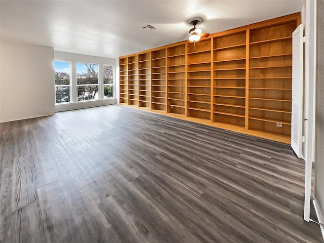 unfurnished living room featuring ceiling fan, built in features, and dark hardwood / wood-style floors