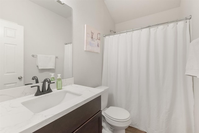 bathroom with toilet, vanity, and vaulted ceiling