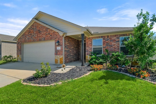 single story home with a front lawn and a garage