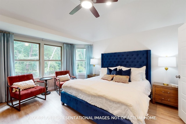 bedroom featuring ceiling fan and light wood-type flooring