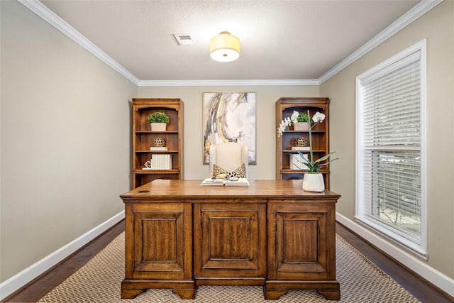 office area featuring crown molding