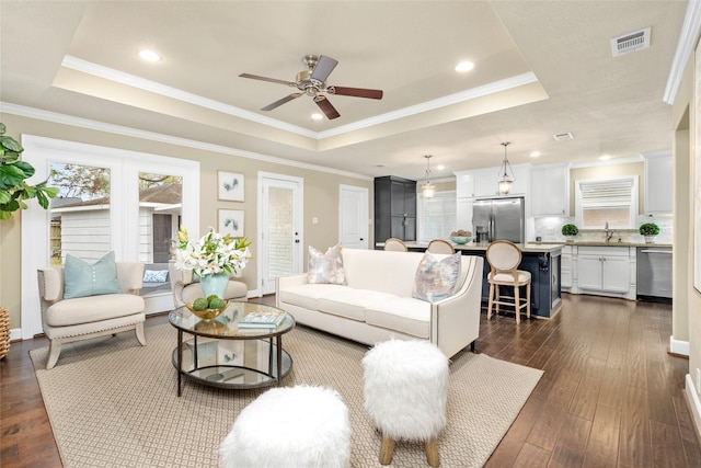 living room with dark wood-type flooring, crown molding, sink, and a raised ceiling