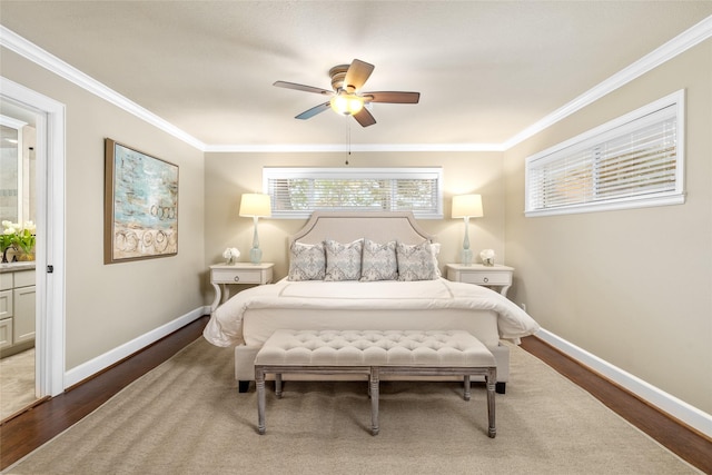 bedroom featuring ceiling fan, hardwood / wood-style flooring, and ornamental molding