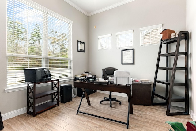 office space featuring crown molding and light hardwood / wood-style flooring