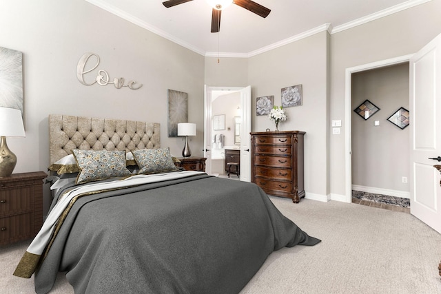 carpeted bedroom featuring ceiling fan, ornamental molding, and connected bathroom