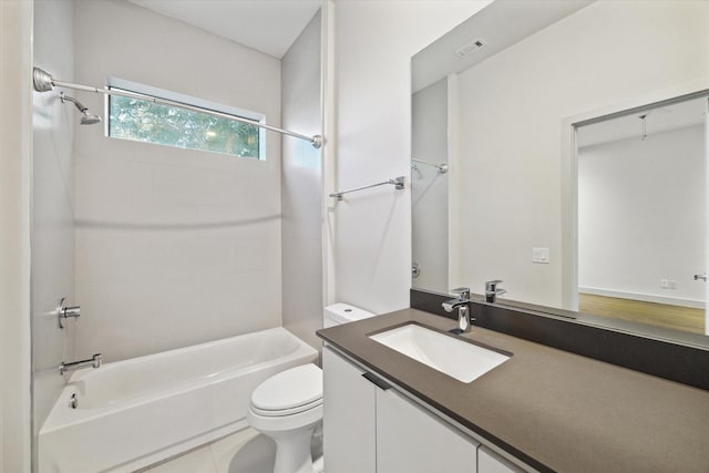 full bathroom with vanity, toilet, shower / bath combination, and tile patterned flooring