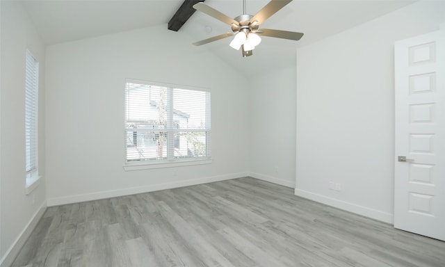 empty room featuring lofted ceiling with beams, ceiling fan, and light hardwood / wood-style floors