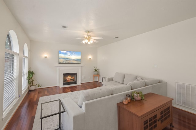 living room featuring ceiling fan, dark hardwood / wood-style floors, and a wealth of natural light