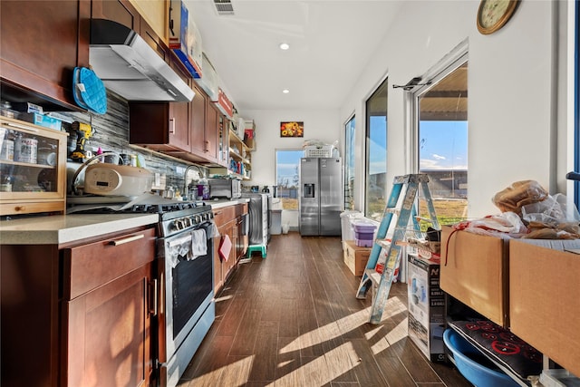 kitchen featuring tasteful backsplash, dark hardwood / wood-style floors, sink, stainless steel appliances, and ventilation hood