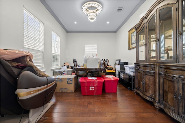 office featuring dark wood-type flooring and ornamental molding