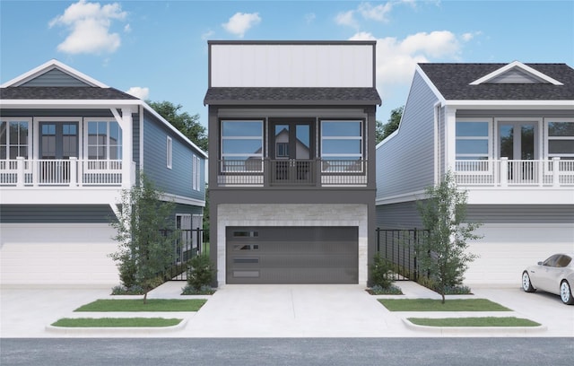 coastal home with a garage and a balcony