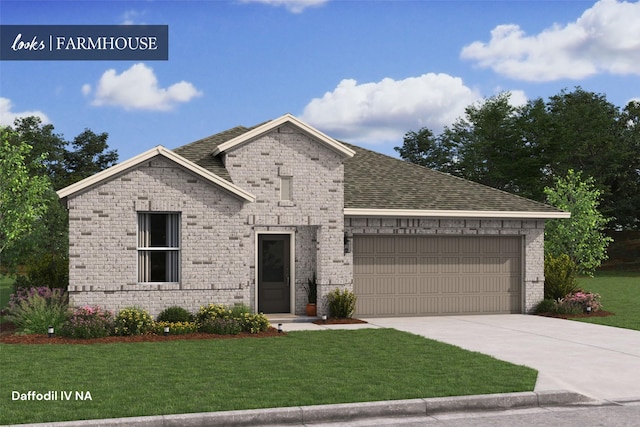 view of front of property featuring brick siding, a front lawn, and an attached garage