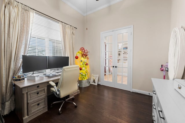 office space featuring dark hardwood / wood-style flooring, ornamental molding, and french doors