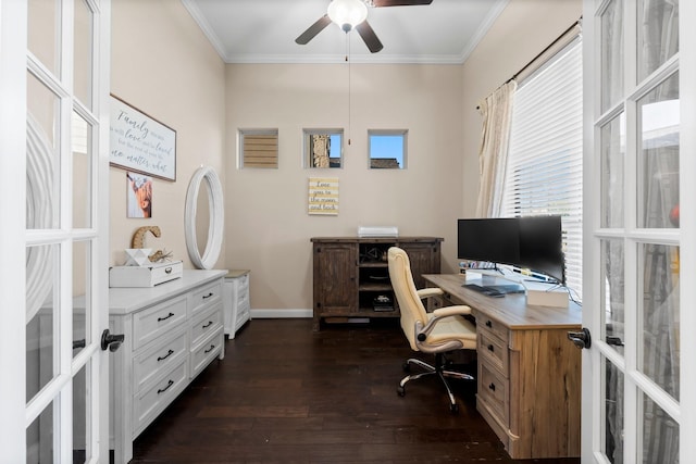 home office with dark hardwood / wood-style flooring, crown molding, french doors, and ceiling fan