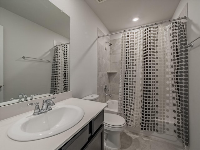 full bathroom featuring vanity, shower / bath combination with curtain, and toilet