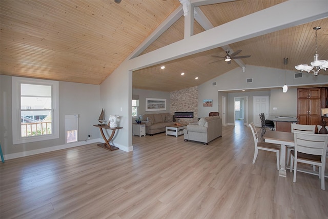 living room featuring beamed ceiling, wood ceiling, a fireplace, and light hardwood / wood-style flooring