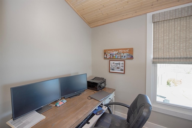 office featuring wood ceiling, vaulted ceiling, and baseboards