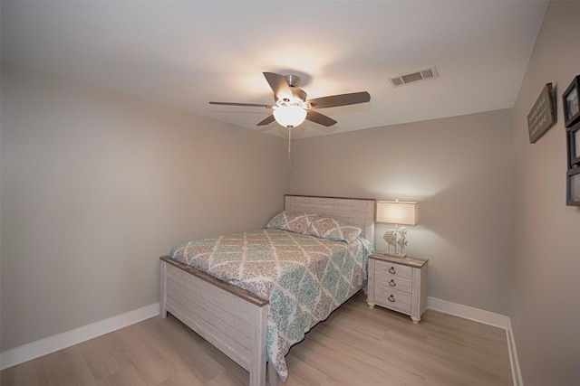 bedroom featuring ceiling fan and light wood-type flooring