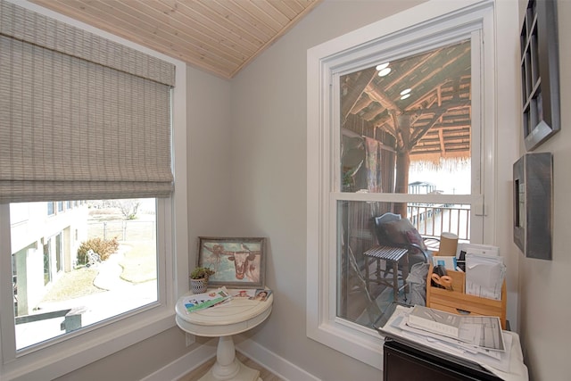 living area with lofted ceiling and wood ceiling