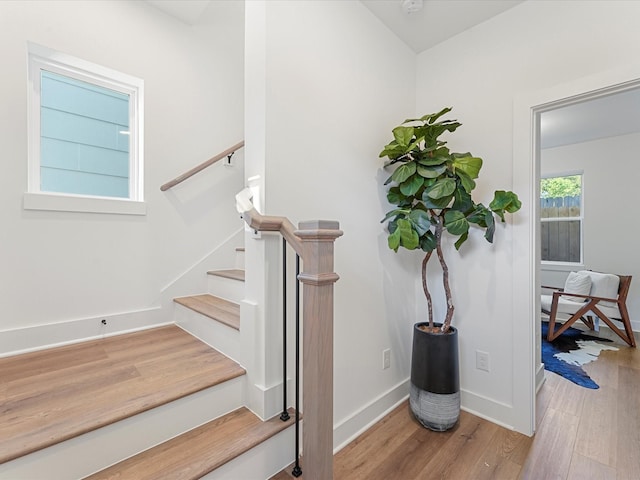 stairs featuring hardwood / wood-style floors