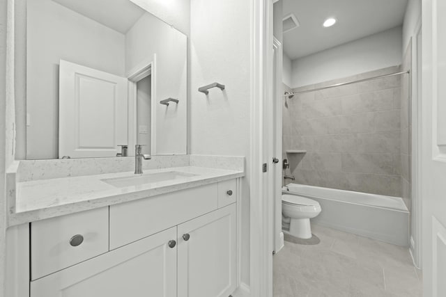 full bathroom featuring tile patterned flooring, toilet, recessed lighting, shower / bathtub combination, and vanity