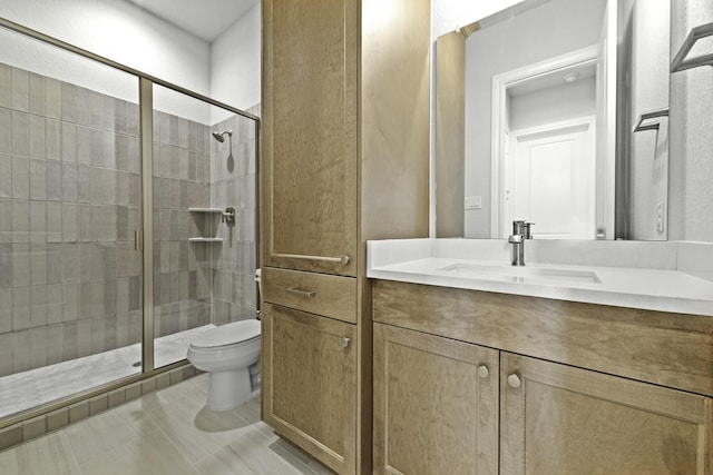 bathroom featuring vanity, a shower stall, and toilet