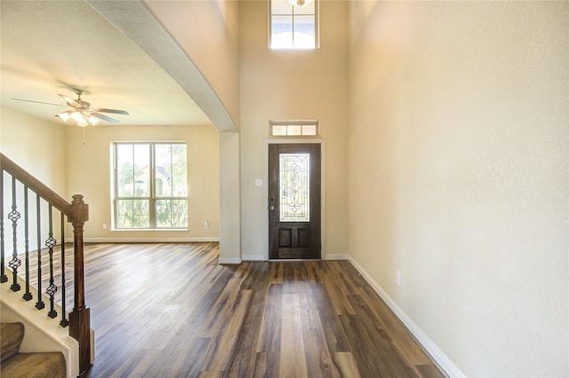 entrance foyer featuring ceiling fan, dark hardwood / wood-style flooring, and a wealth of natural light