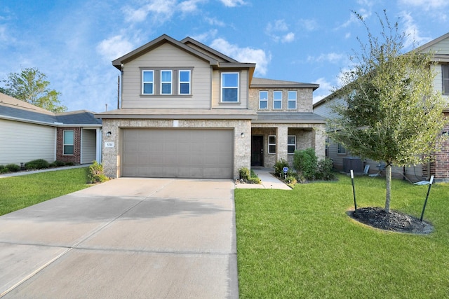 view of property with a garage and a front yard